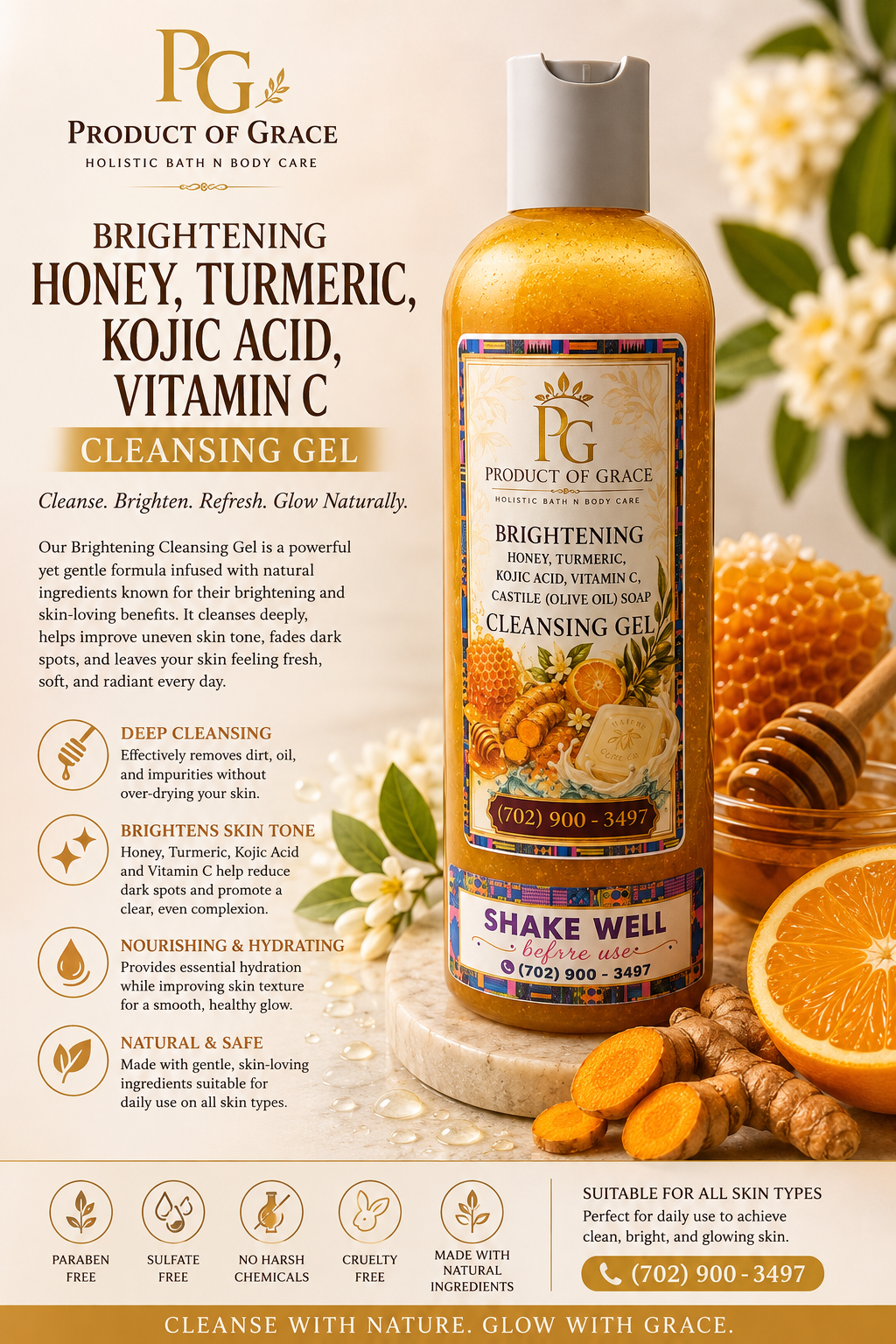 Brightening Honey,Turmeric Body Cleansing Gel (with Kojic Acid, Vitamin C)