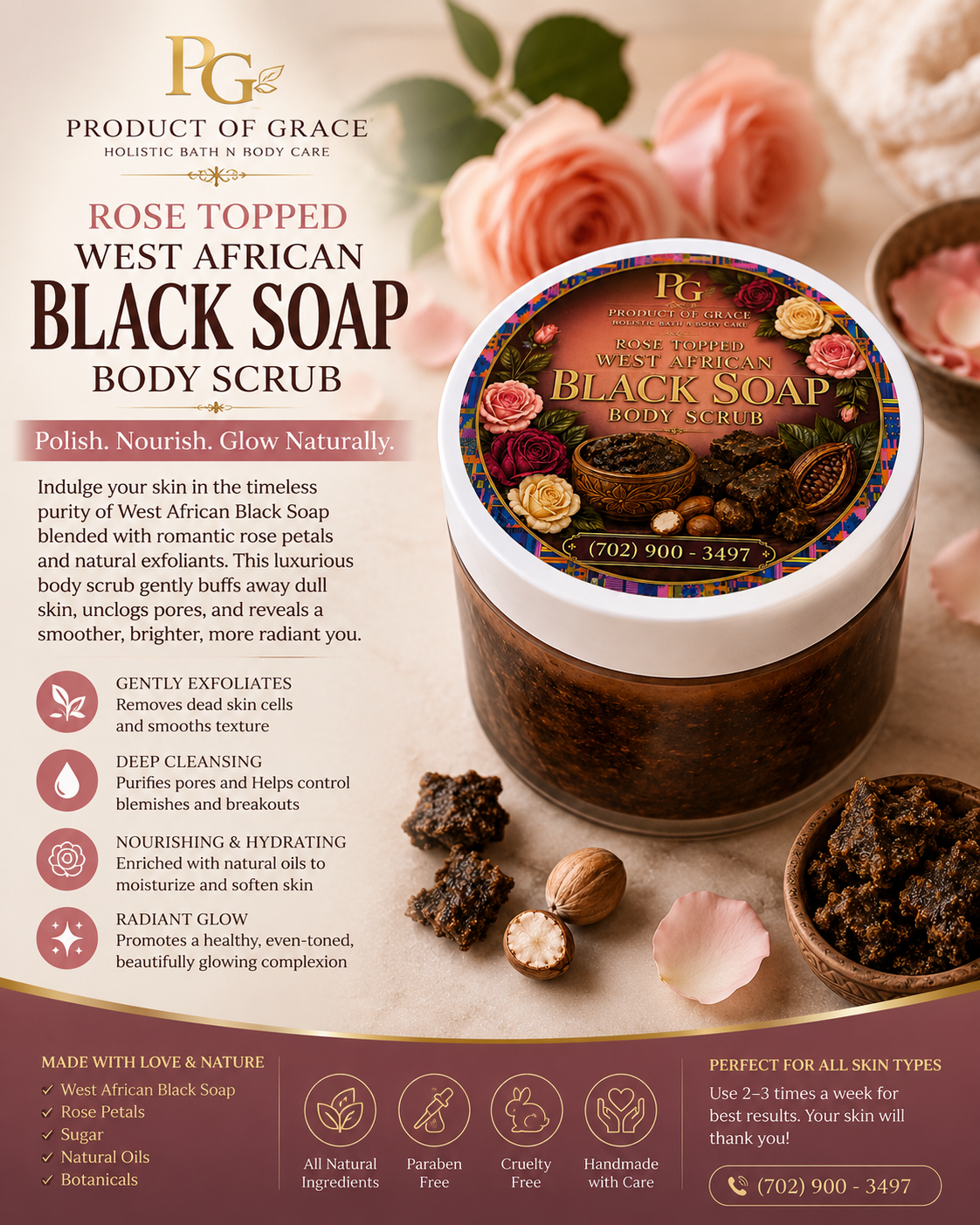 Rose Topped West African Black Soap Body Scrub
