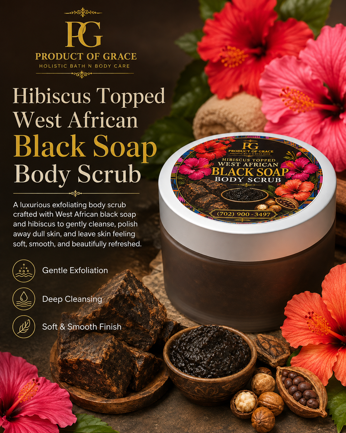 Hibiscus Topped West African Black Soap Body Scrub